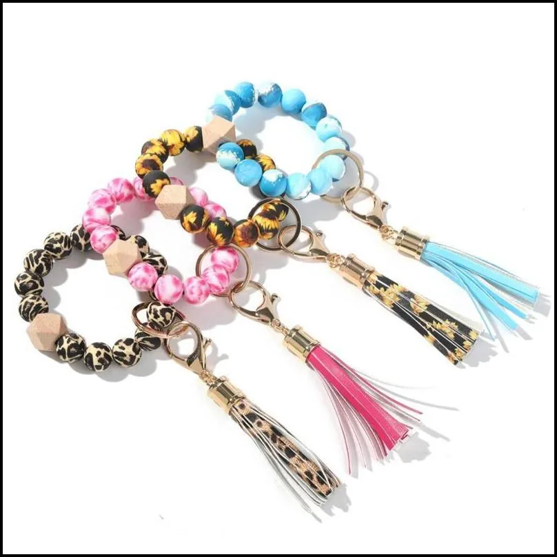 handmade stretched silicone beads bangle keychains silicone tassel wristlet bracelet keyrings 10 styles