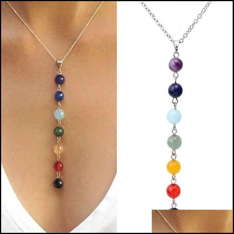 silver simple style 7 chakra multicolor natural stone beads pendant necklace long chain for women charm collier collares yoga jewelry