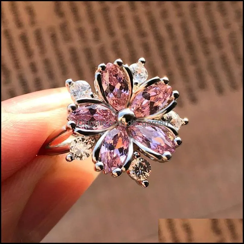 wedding rings cute female pink crystal stone ring charm silver color thin for women dainty bride flower zircon engagement ringwedding