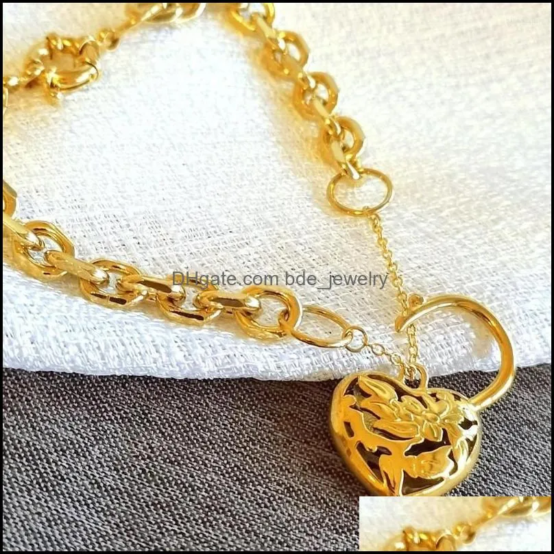 charm bracelets 18k gold plated 7mm chain width heart belcher padlock womens solid bracelet jewllery