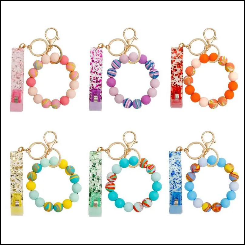 dhs silicone keychain with plastic card clips beads bracelet wrist keychains women men fashion beaded key keyrings with tassel