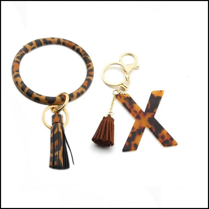 keychain bracelet tassel classic leopard print az initial acetate pendant bangle exaggerated big round keyrings wrist strap