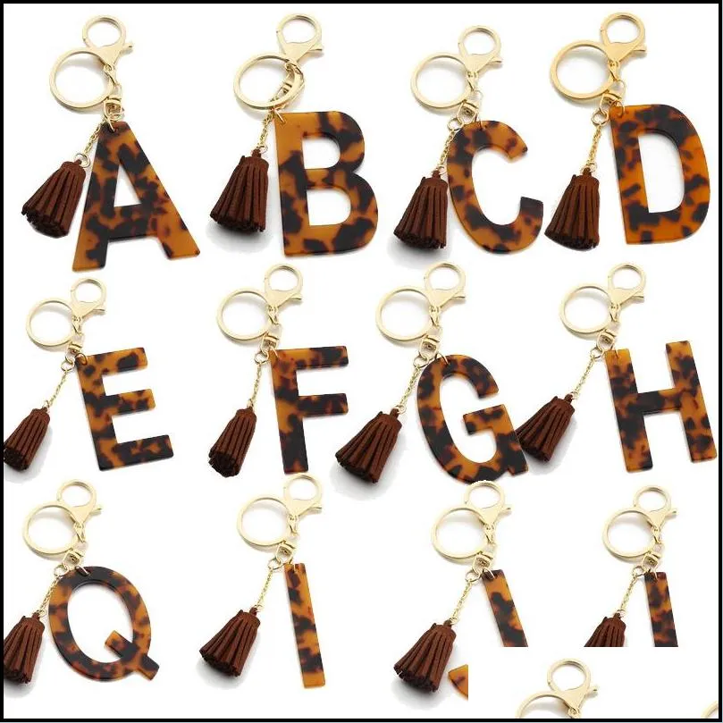 leopard acetate initial keychain gold color leather keyring bracelet classic pendant alphabet resin keyrings gift 26 letters