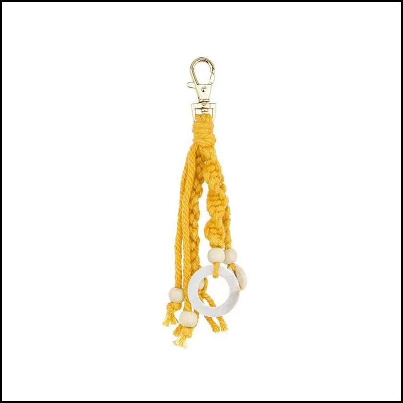 fashion handmade seashells pendant women macrame keychain wood bead braided key chains