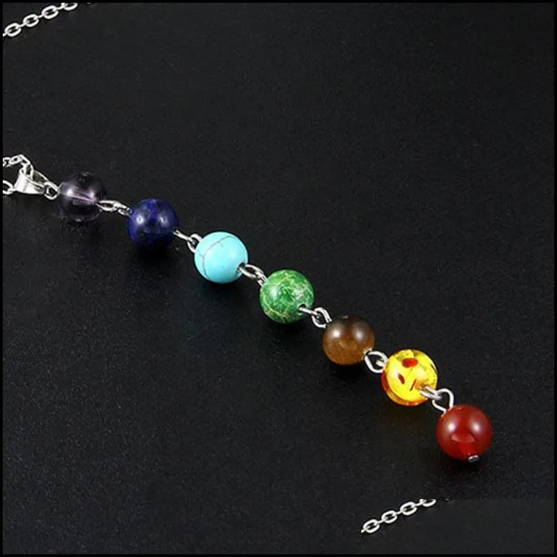 silver simple style 7 chakra multicolor natural stone beads pendant necklace long chain for women charm collier collares yoga jewelry