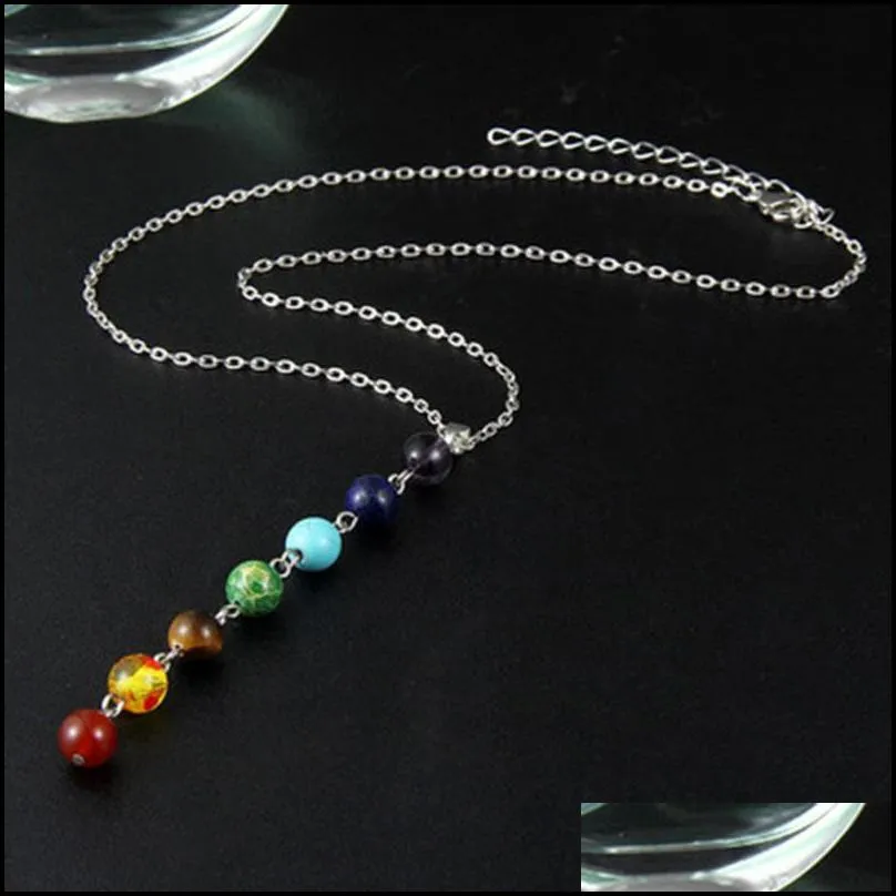 silver simple style 7 chakra multicolor natural stone beads pendant necklace long chain for women charm collier collares yoga jewelry