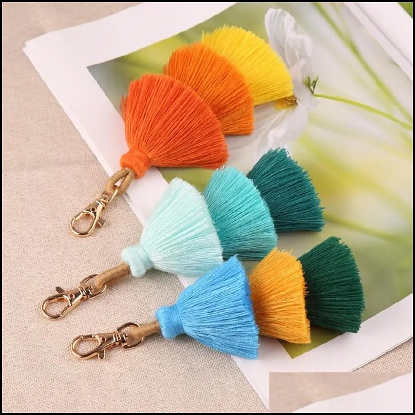 dhs three layers cotton tassel keychain bohemian boho style women bag pendant multicolor handmade key chain 10 colors
