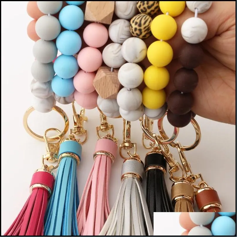 tassel wood beads bracelet keychains keyring for women accessories multicolor key ringshain styles 14 colors
