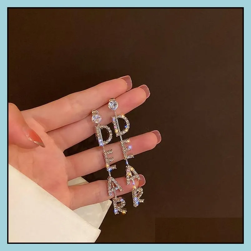 fashion shiny letter rhinestone hoop drop earring for women long pendant crystal dangle earrings party jewelry gifts