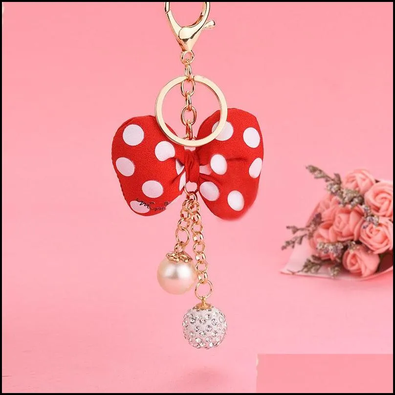 6 color key chain cartoon dot bow pearl keyring pendant car bag ornament fashion parts toy