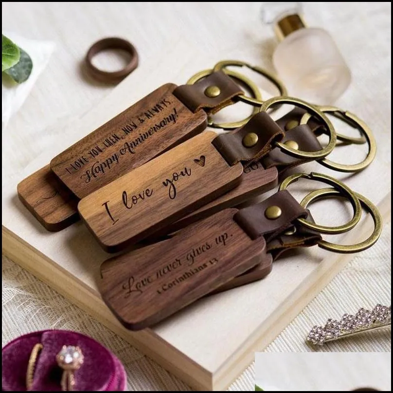dhs personalized leather keychain pendant beech wood carving keychains luggage decoration key ring diy thanksgiving fathers day gift