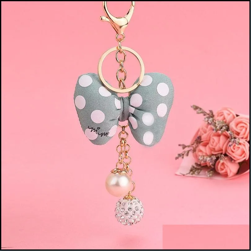 6 color key chain cartoon dot bow pearl keyring pendant car bag ornament fashion parts toy