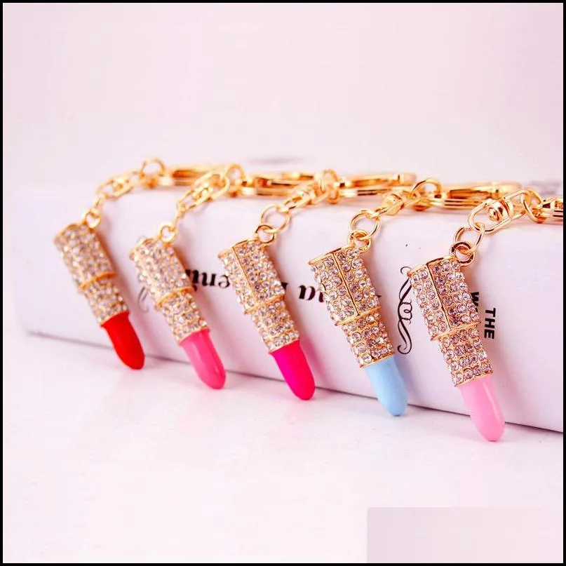 fashion metal full rhinestone lipstick red keychain bag pendant key chain for woman gift 5 colors