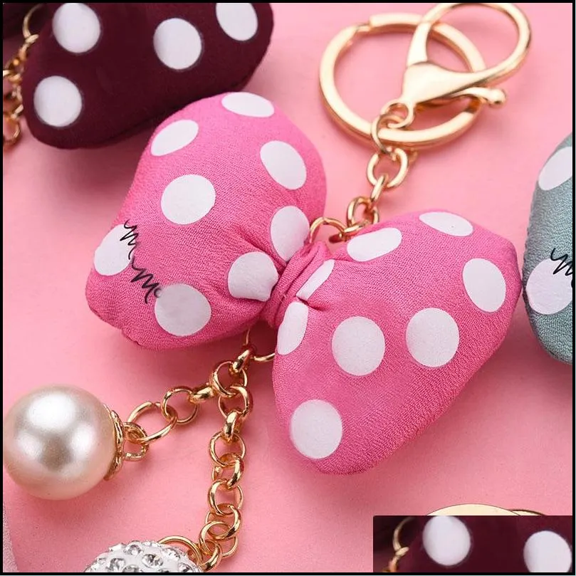 6 color key chain cartoon dot bow pearl keyring pendant car bag ornament fashion parts toy