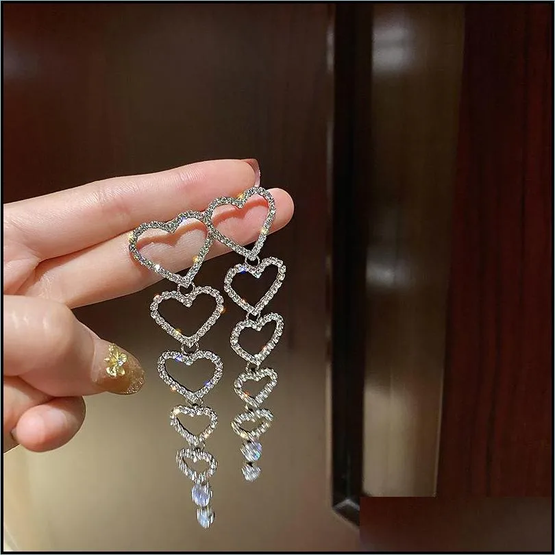 long tassel hoop crystal drop earrings for women shiny hear rhinestone dangle weddings bride jewelry gifts