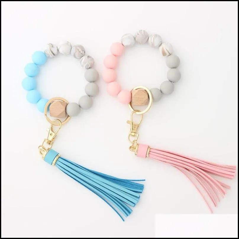 tassel wood beads bracelet keychains keyring for women accessories multicolor key ringshain styles 14 colors