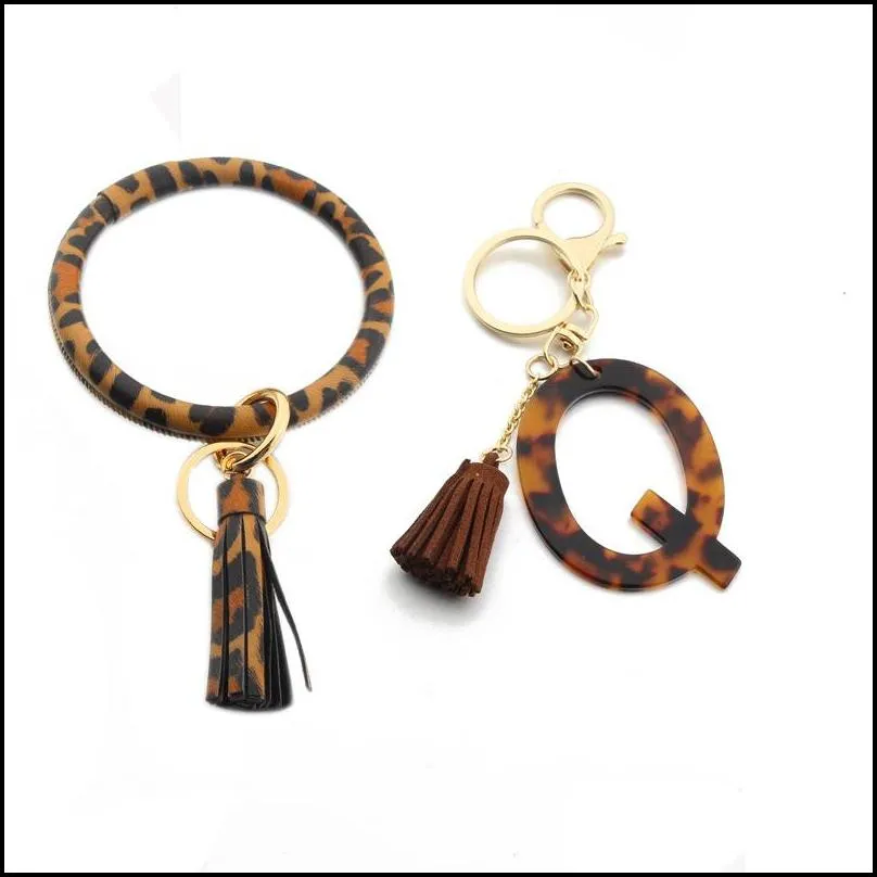 leopard acetate initial keychain gold color leather keyring bracelet classic pendant alphabet resin keyrings gift 26 letters