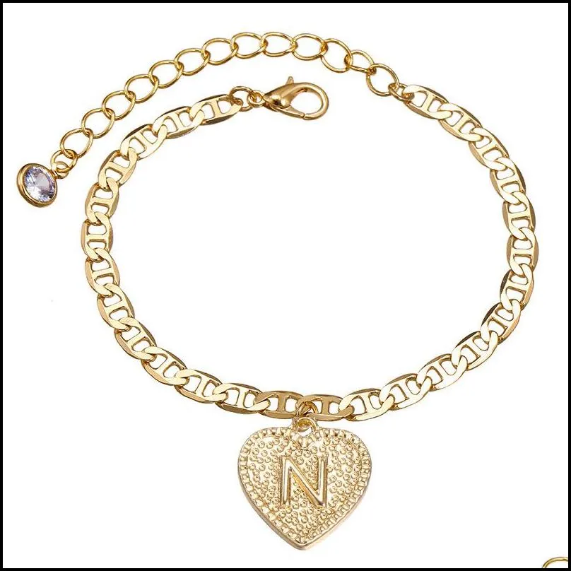 26 english initial heart anklet chain crystal gold charm foot letters women fashion jewelry chains