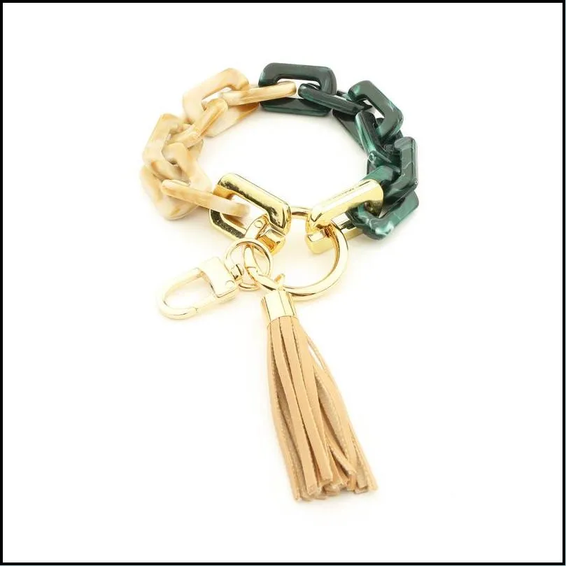 design colorful acrylic keychain pu leather tassel key ring girls chain shape wristlet bracelet keychain for women