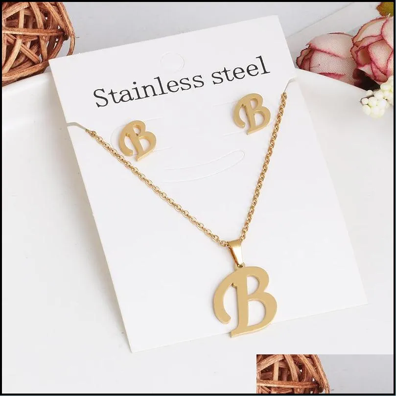 26 letter necklaces with earring set stainless steel gold choker initial pendant necklace women alphabet chains jewelry