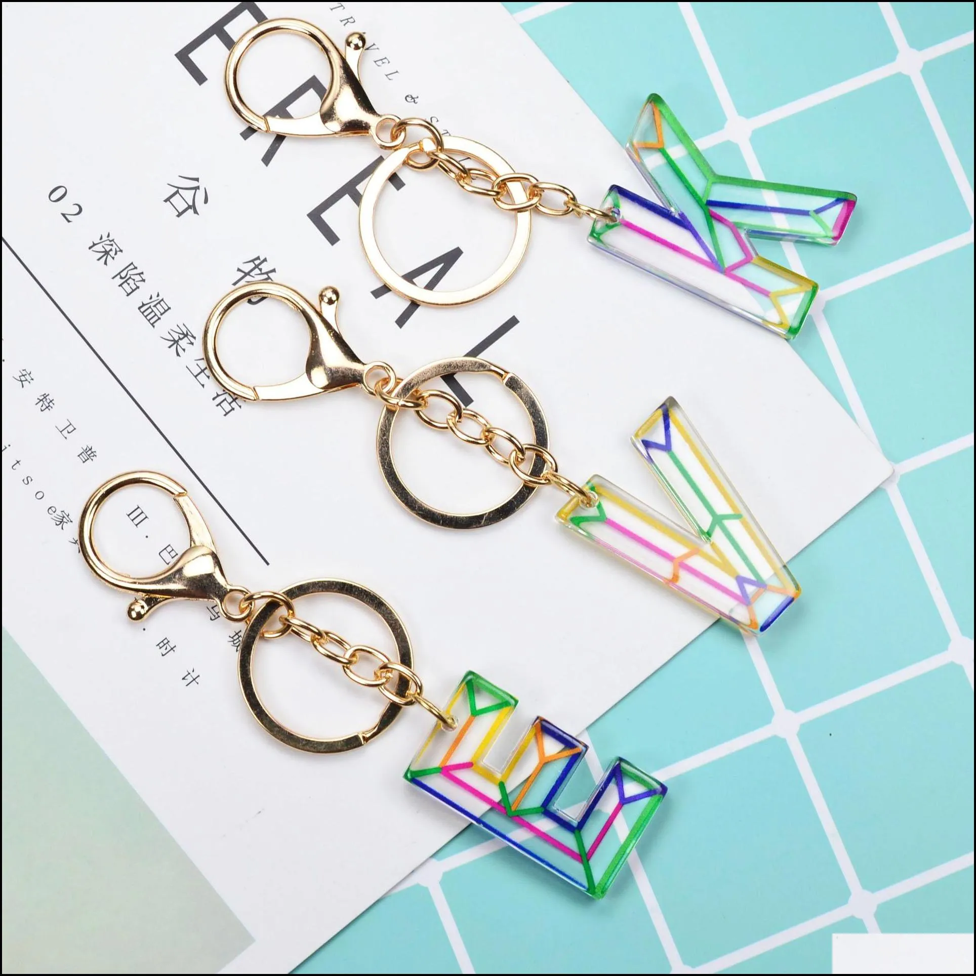 women keychains 26 acrylic rainbow words handbag english letter keyring charms