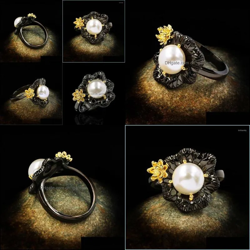 wedding rings vintage female white pearl thin ring classic 14kt black gold luxury bridal flower engagement for womenwedding brit22