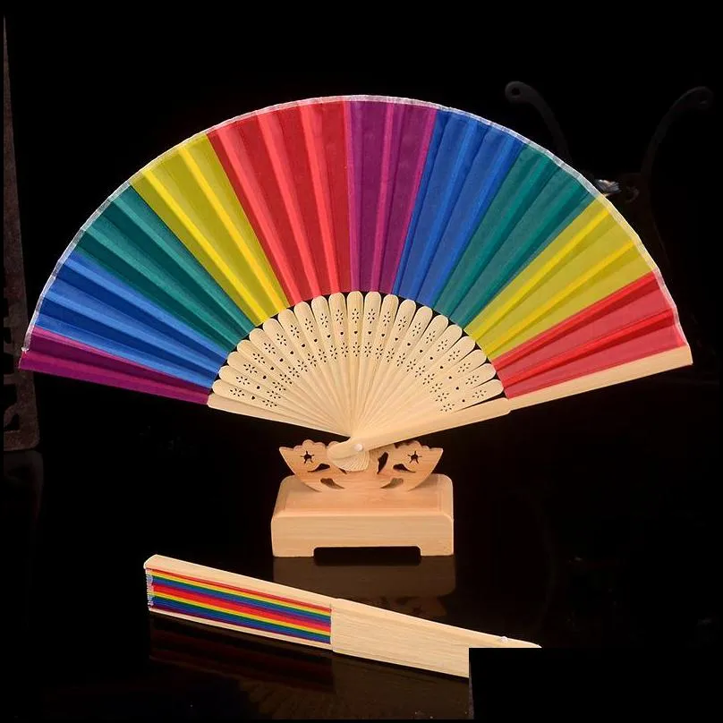 rainbow folding fan crafts bamboo silk cloth fans festival decoration stage performance dance fan