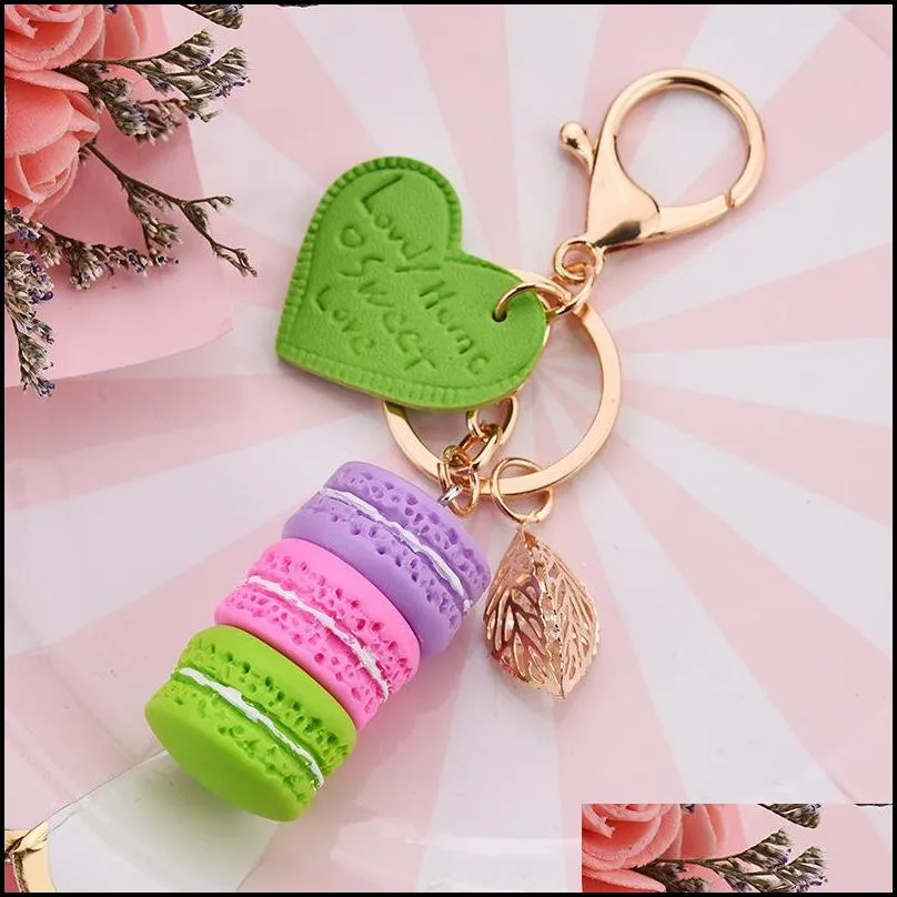 women new macaron cake keychain pu love alloy leaf keychains charm bag pendant key ring party gift jewelry