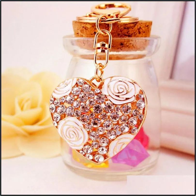 lovely pink heart keyrings sweet keychains crystal bag pendant chains holder rings for car room key gift