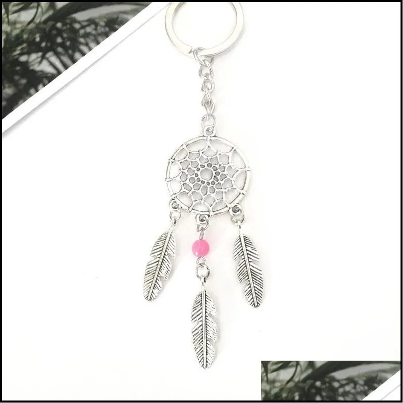silvercolor dreamcatcher keychain feather leaf dreamnet catcher keyholder pink blue white bead hanging decoration