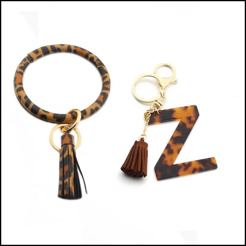 keychain bracelet tassel classic leopard print az initial acetate pendant bangle exaggerated big round keyrings wrist strap