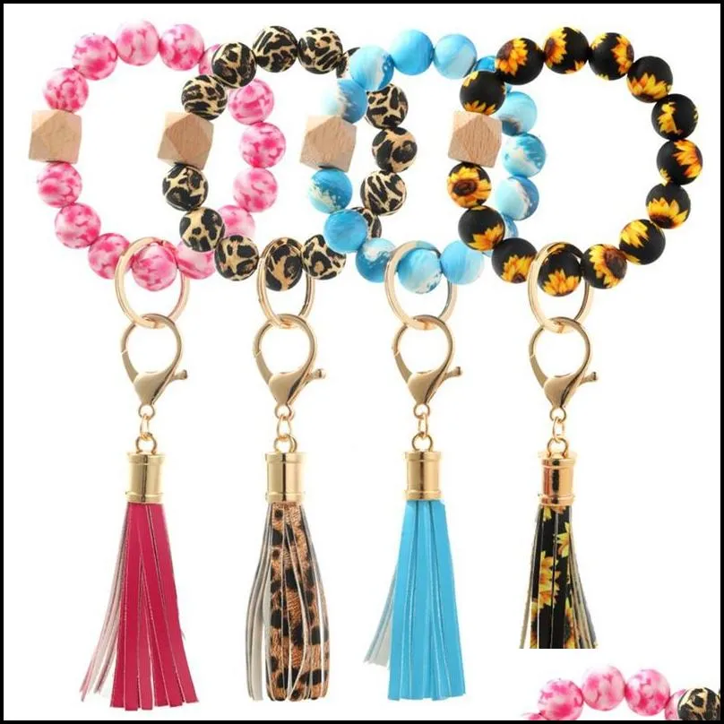 handmade stretched silicone beads bangle keychains silicone tassel wristlet bracelet keyrings 10 styles