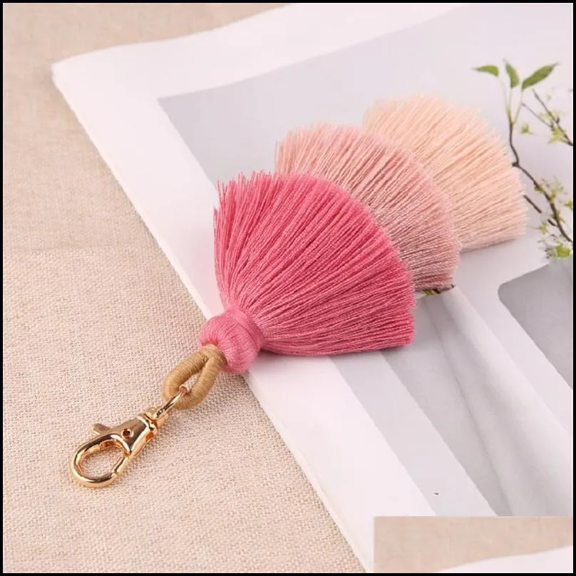 dhs three layers cotton tassel keychain bohemian boho style women bag pendant multicolor handmade key chain 10 colors