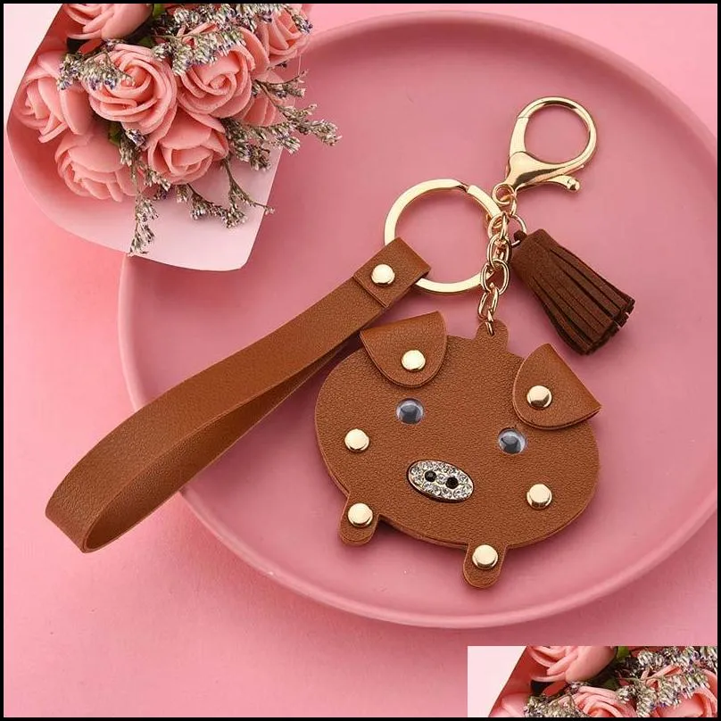 cute leather pig animal keychain with rivet crystal women girls korean style tassel bag hanging pendant key rings gift