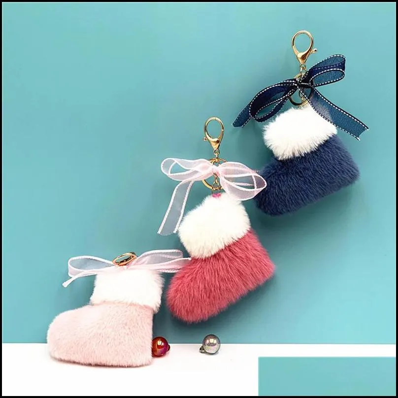 fashion jewelry plush christmas boots keychains cute dolls with bow for girls bag decorations 10 colors
