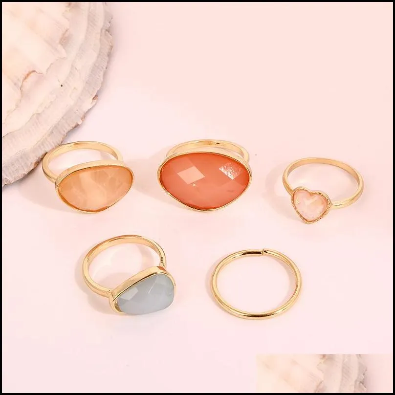 retro geometric square round stone ring set for women girls fashion colorful resin rings jewelry