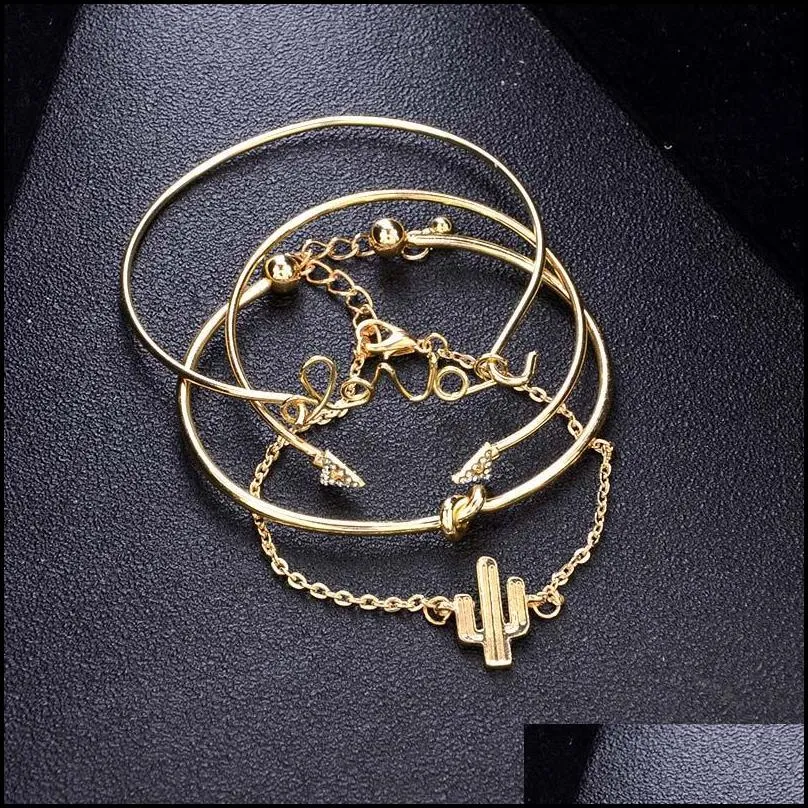 4pcs/set gold color cactus letter knot bracelets bohemian geometric metal chain bracelet statement jewelry 5 styles