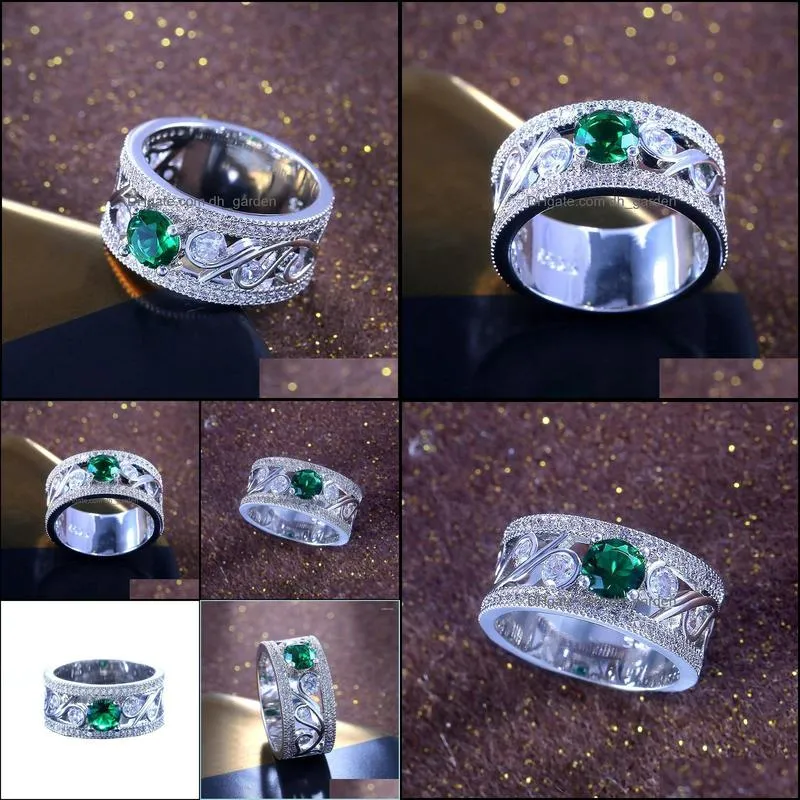 wedding rings hollow out flower green stone for women cubic zirconia wide finger engagement ring female vintage jewelrywedding brit22