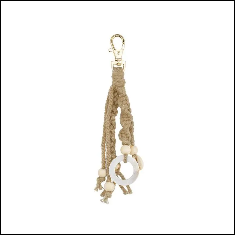 fashion handmade seashells pendant women macrame keychain wood bead braided key chains