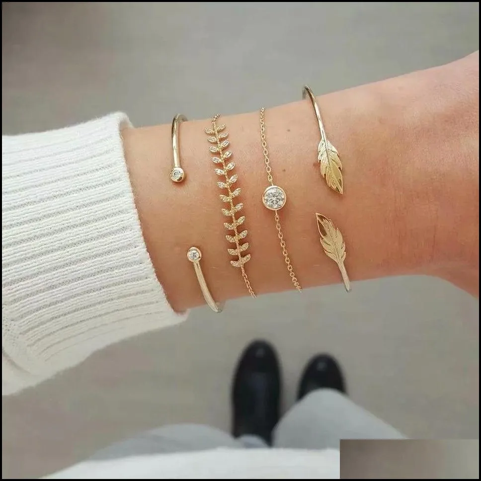 4pcs/set gold color cactus letter knot bracelets bohemian geometric metal chain bracelet statement jewelry 5 styles