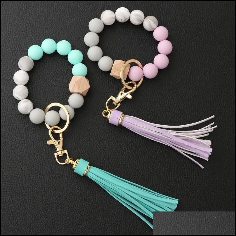 tassel wood beads bracelet keychains keyring for women accessories multicolor key ringshain styles 14 colors