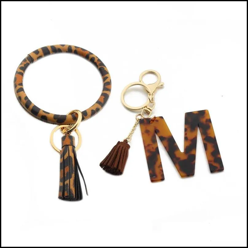 keychain bracelet tassel classic leopard print az initial acetate pendant bangle exaggerated big round keyrings wrist strap