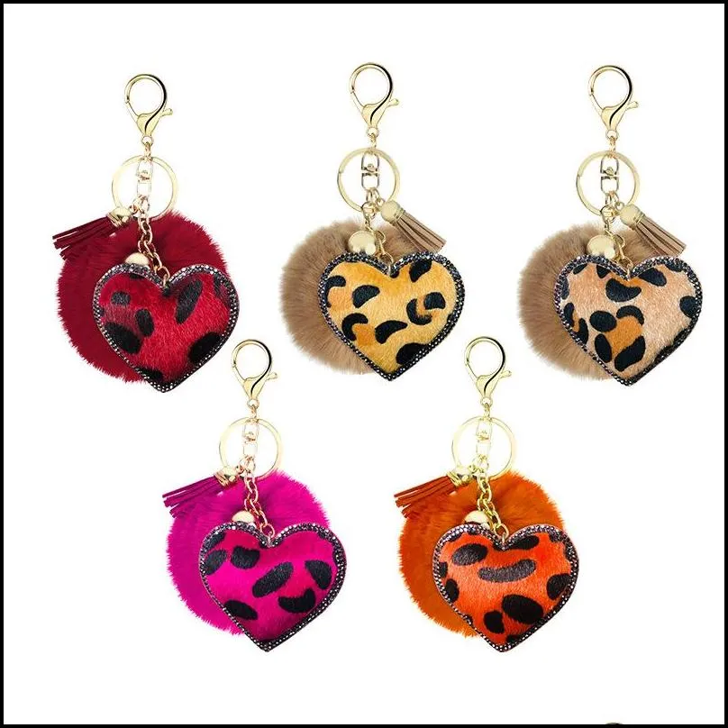 korean velvet rhinestones leopard pattern love hair ball key ring pendant bell accessories car luggage