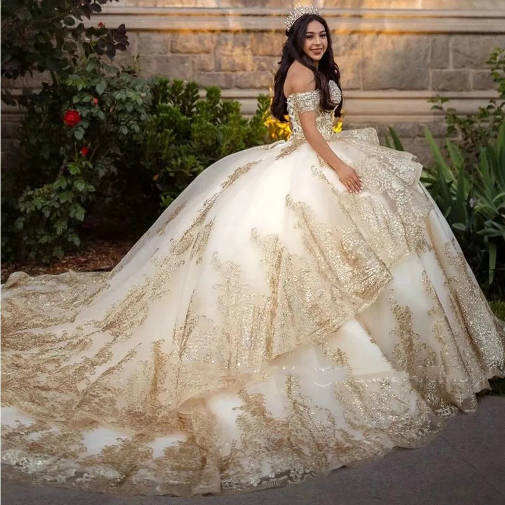 Gold Pearls Beading Ruffles Corset Quinceanera Dress Ball Gown Off The Shoulder Appliques Lace Sweet 16 Vestidos De XV Anos