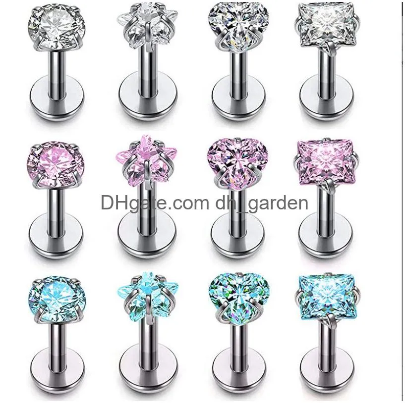 1 2x8x3mm 16g white pink internal thread pointed gem lip piercing zirconium alloy lip earrings tragus earrings