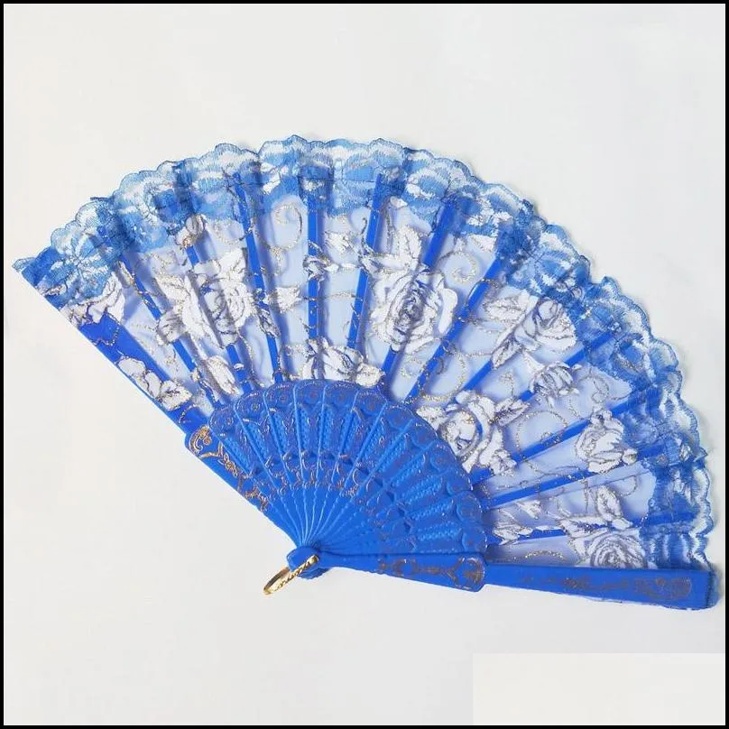 lace dance fan show craft folding fans rose flower design plastic frame silk hand fan