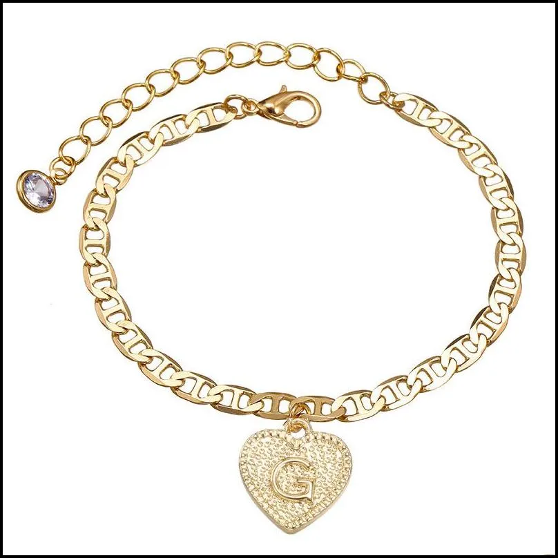 26 english initial heart anklet chain crystal gold charm foot letters women fashion jewelry chains