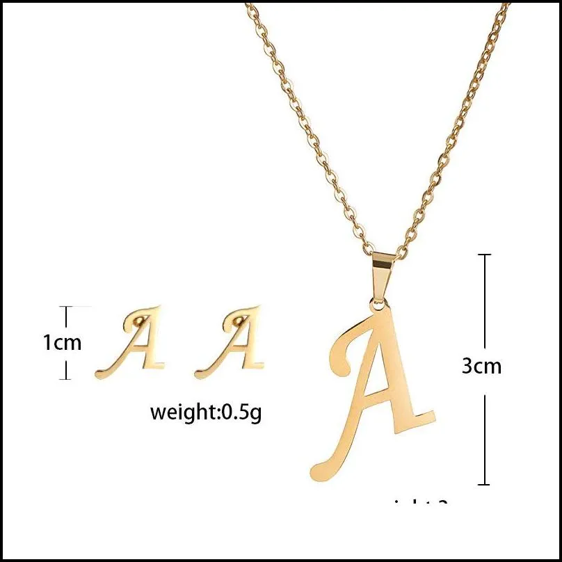 26 letter necklaces with earring set stainless steel gold choker initial pendant necklace women alphabet chains jewelry