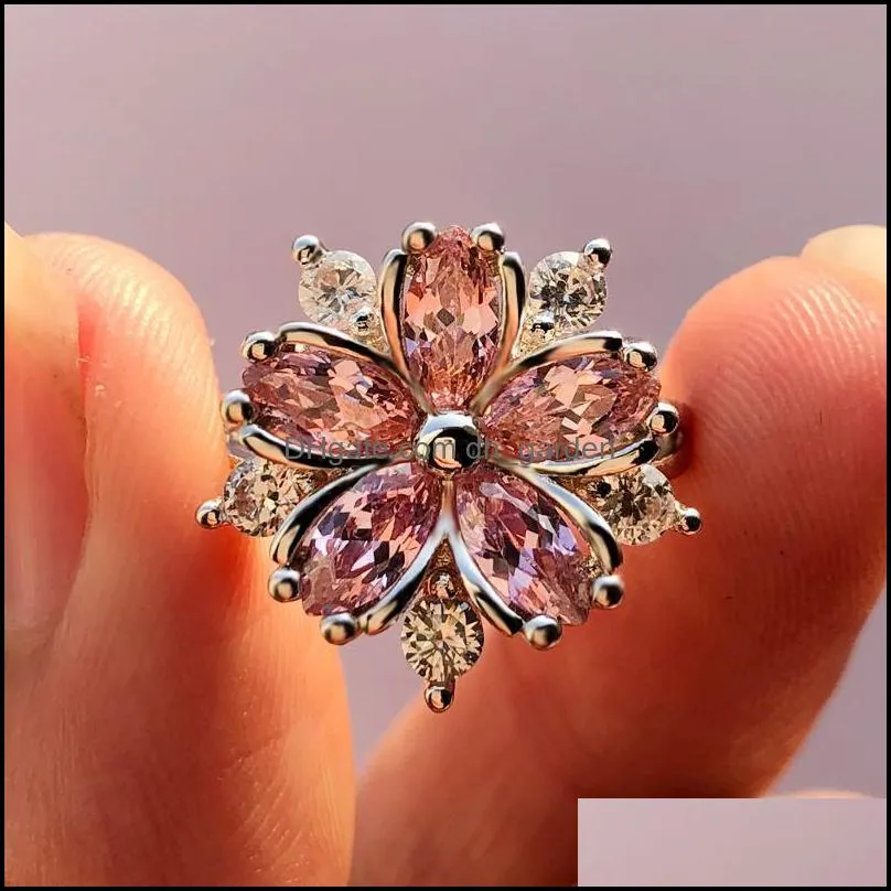 wedding rings cute female pink crystal stone ring charm silver color thin for women dainty bride flower zircon engagement ringwedding