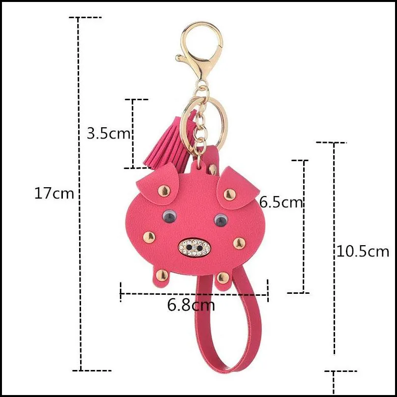 cute leather pig animal keychain with rivet crystal women girls korean style tassel bag hanging pendant key rings gift